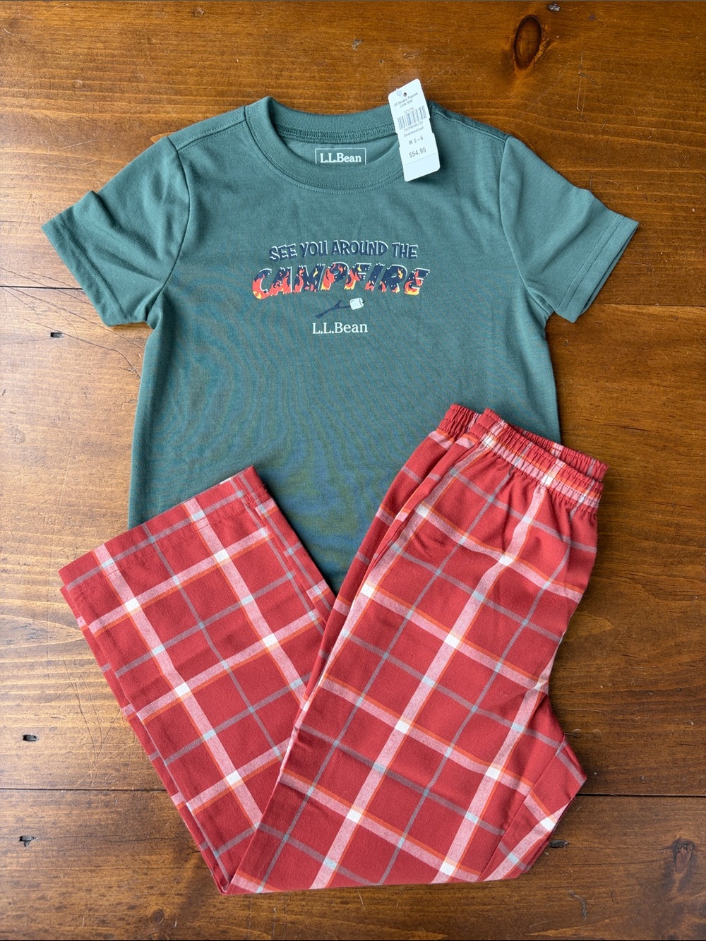 LL Bean PJ Set Sea Green Campfire Sz 5/6